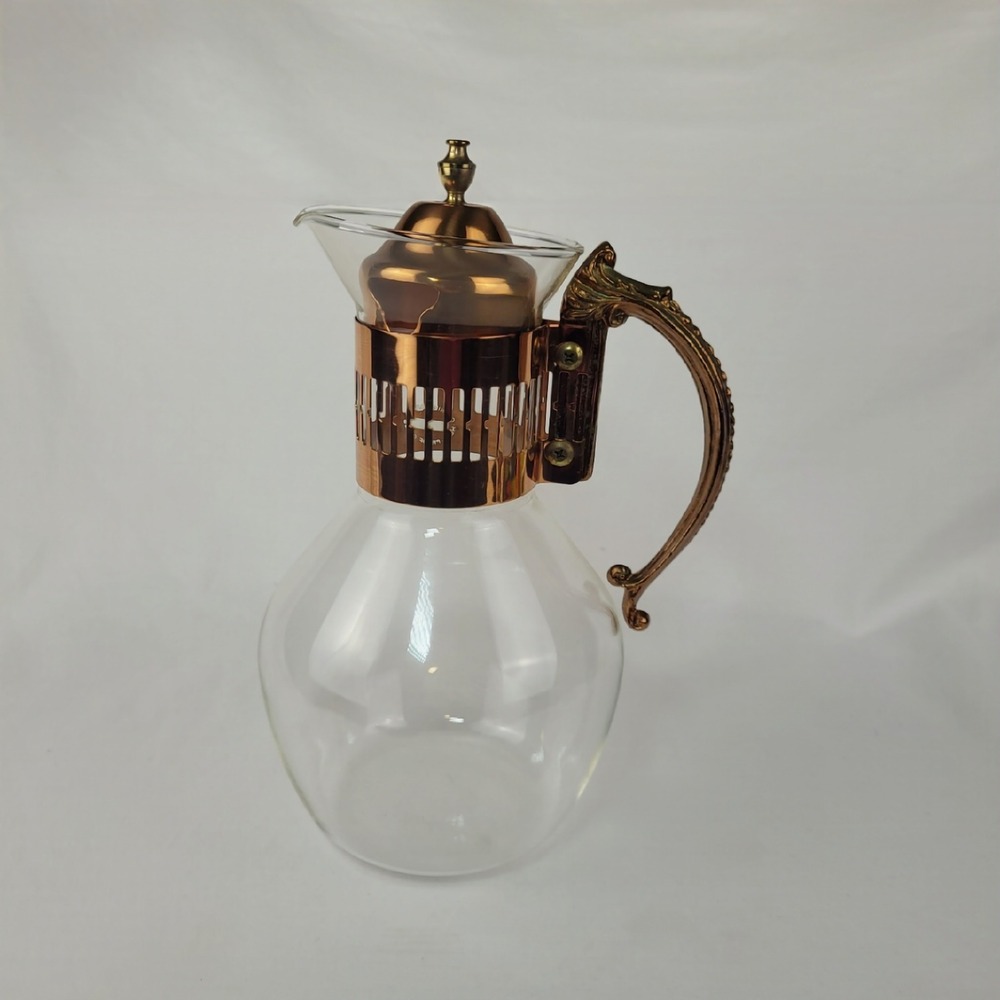 Vintage Corning Glass Carafe with Copper Tone Metal Ornate Handle and Lid 10"